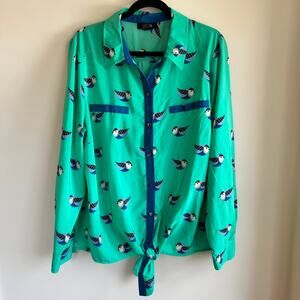 Style & Co Blue Bird Print Front Tie Top Blue Green Button Up Long Sleeve Sz 2X